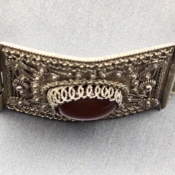 Antique 900 Silver Cannetille Carnelian Cabochon Hinged Panel Bracelet 7" - Picture 3 of 16